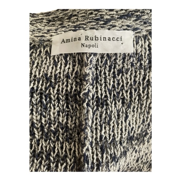 Amina Rubinacci Blue & White Knit Button-Up Cardigan | Italian Designer Sweater - Picture 3 of 4